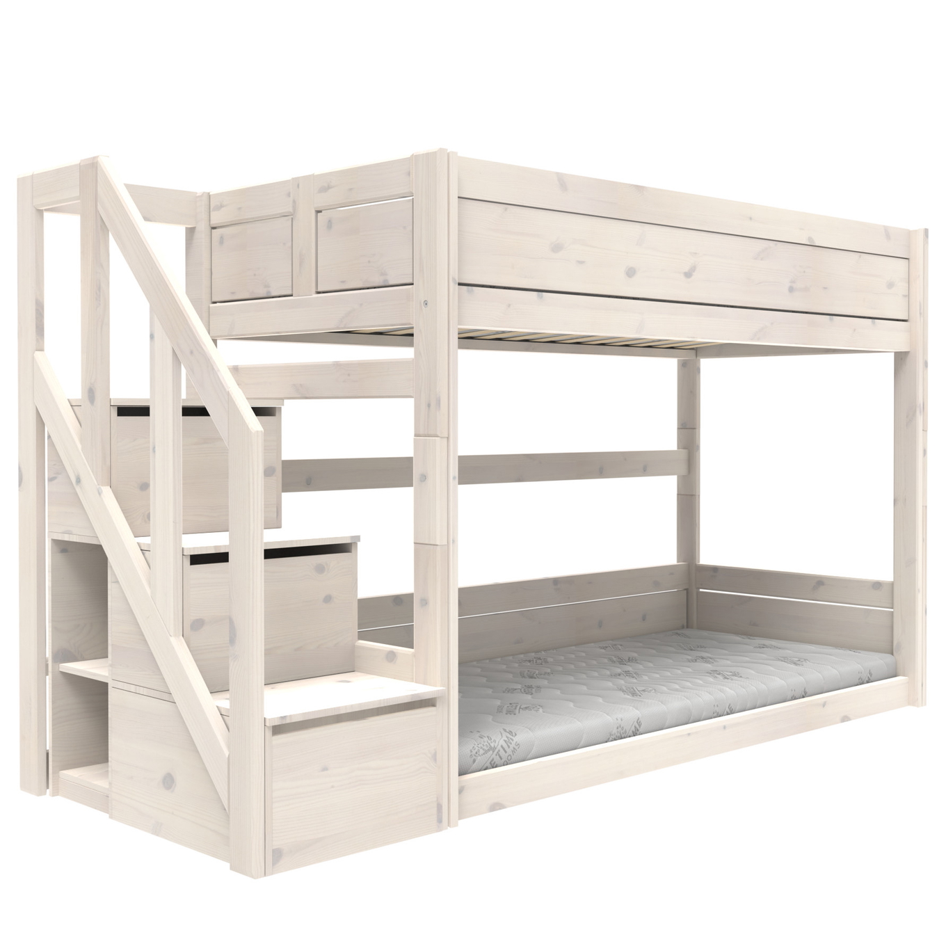 Niedriges Etagenbett mit Treppe Weiss lasiert, Rollrost
