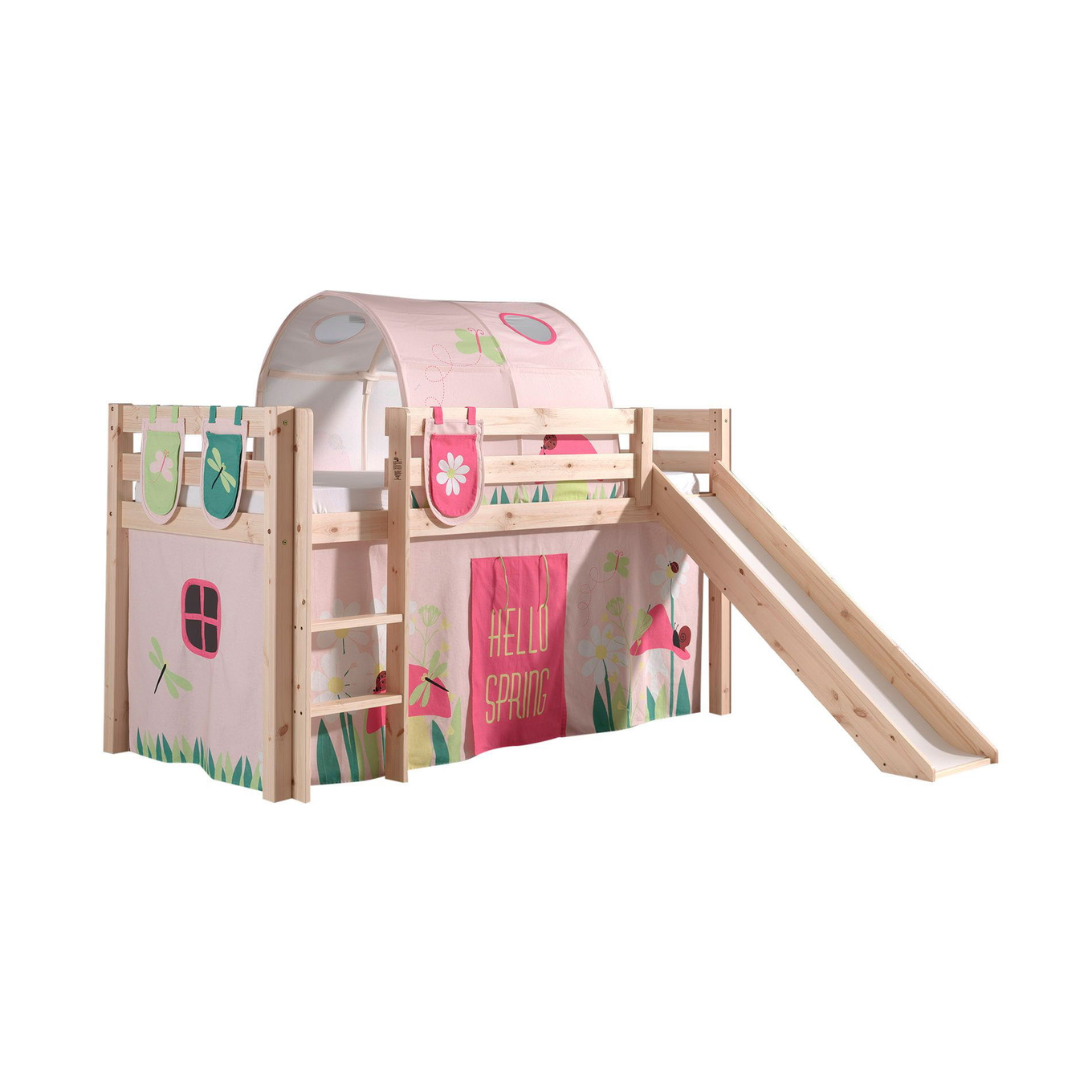 Halbhohes Bett Pino Spring mit Rutsche Holz, mit Spielvorhang, Höhle und Betttaschen 1