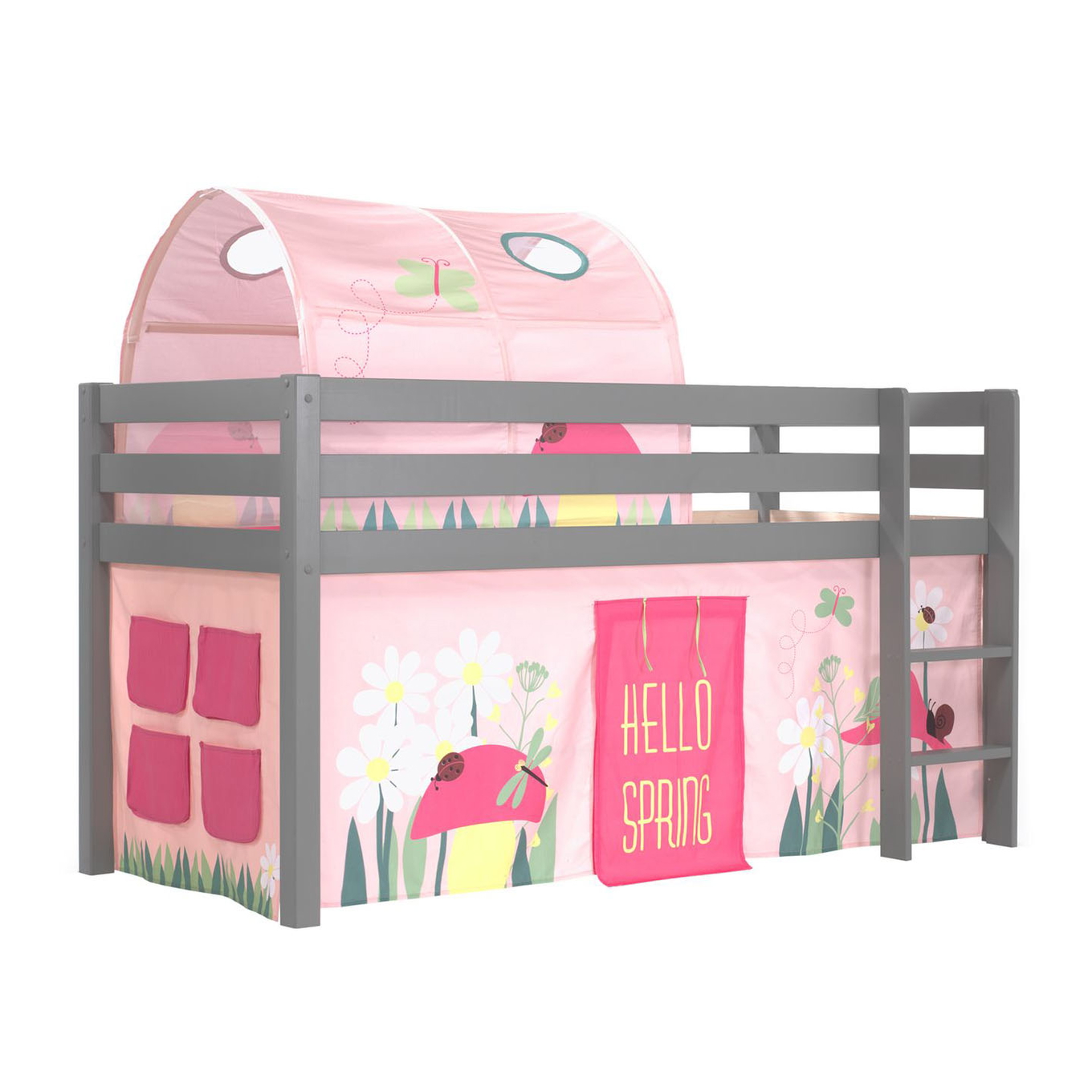 Halbhohes Bett Pino Spring Grau, mit Spielvorhang und Höhle