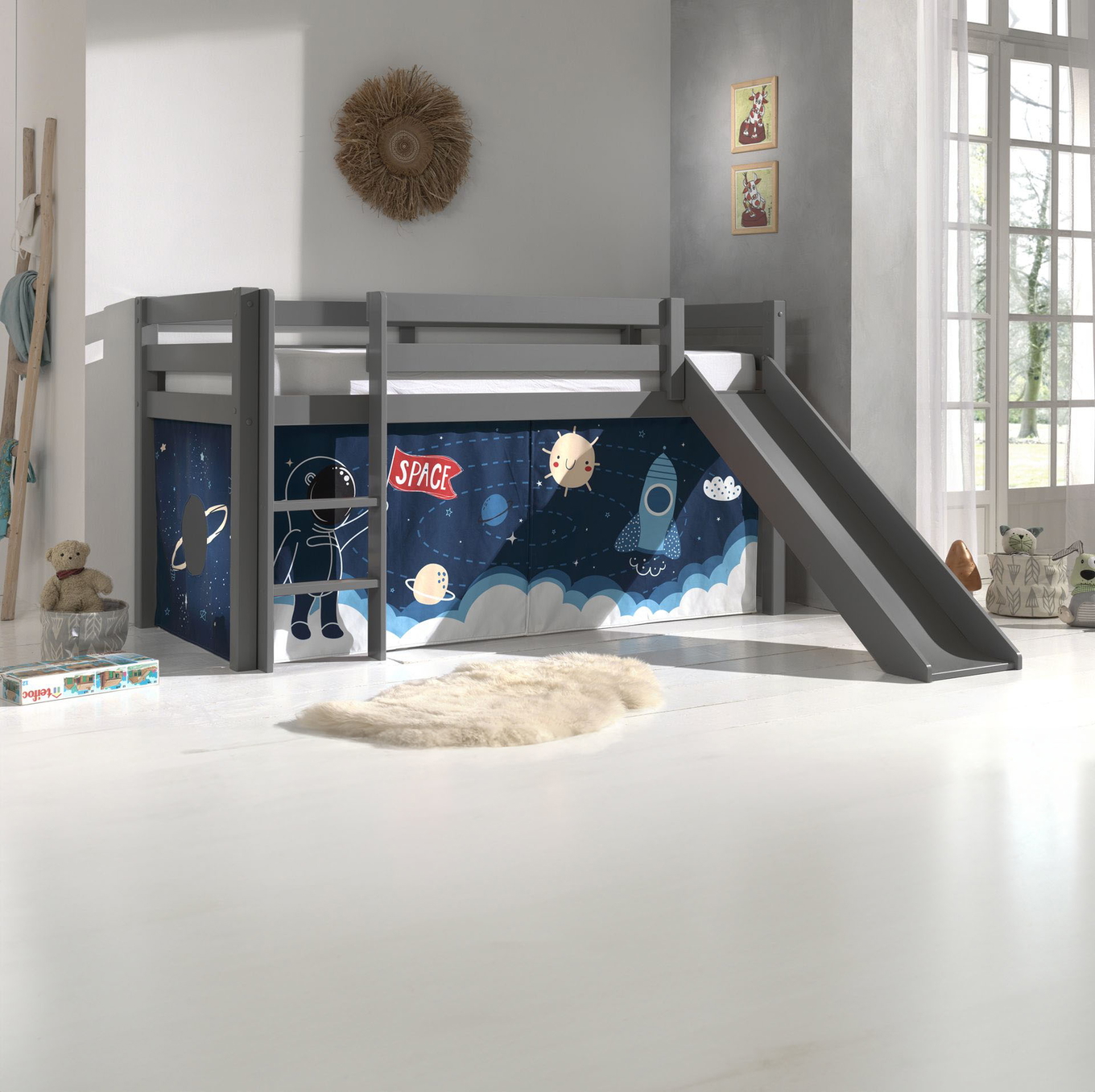 Halbhohes Bett Space Shuttle mit Rutsche Grau 2