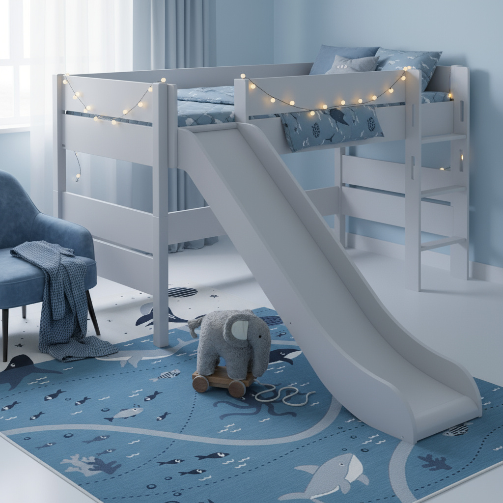 Halbhohes Bett Tiago mit Rutsche Grau, mit gerader Leiter, 120 x 200 cm #2