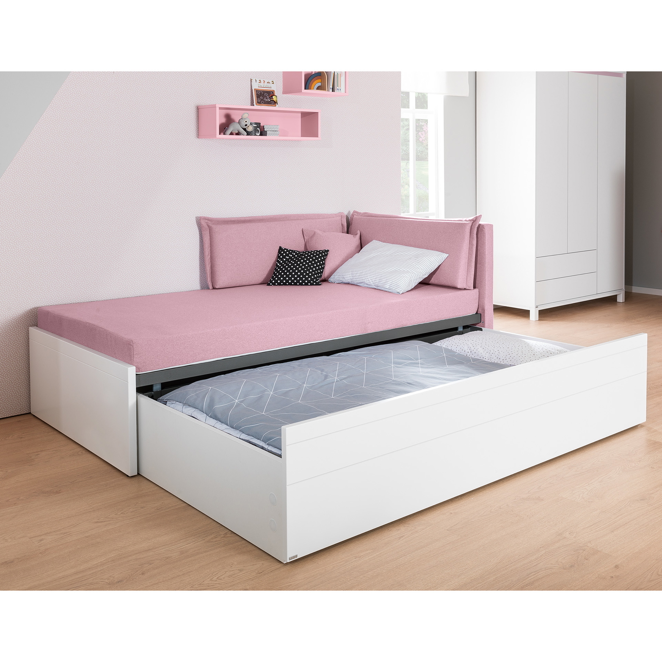 Bett Flynn mit gepolstertem Betthaupt Weiss, Dunkelrosa 3