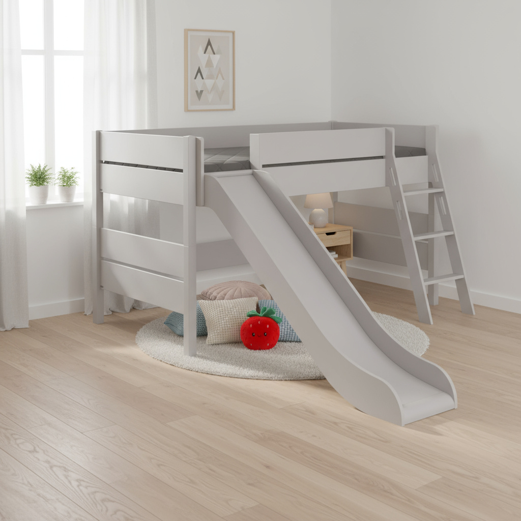 Halbhohes Bett Tiago mit Rutsche Grau, mit Schrägleiter, 90 x 200 cm 2